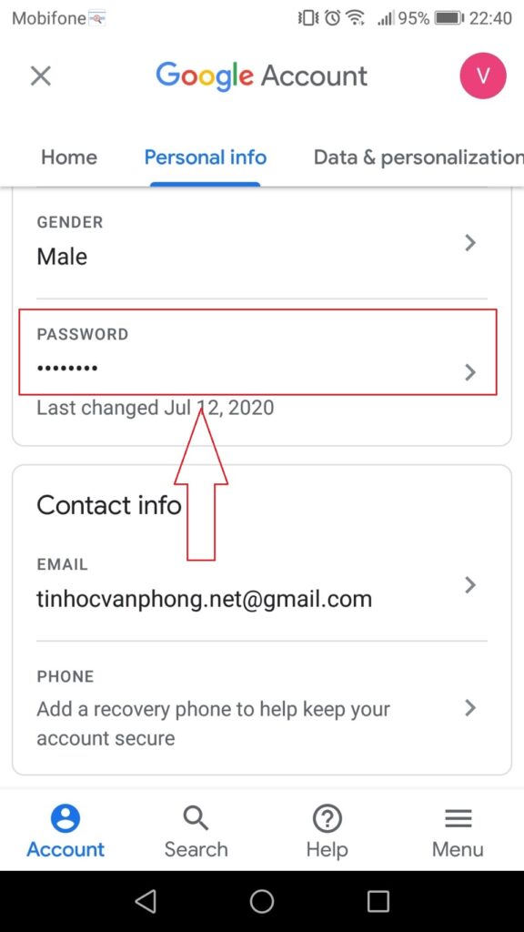 Cách đổi mật khẩu Gmail - Mobile - Password select